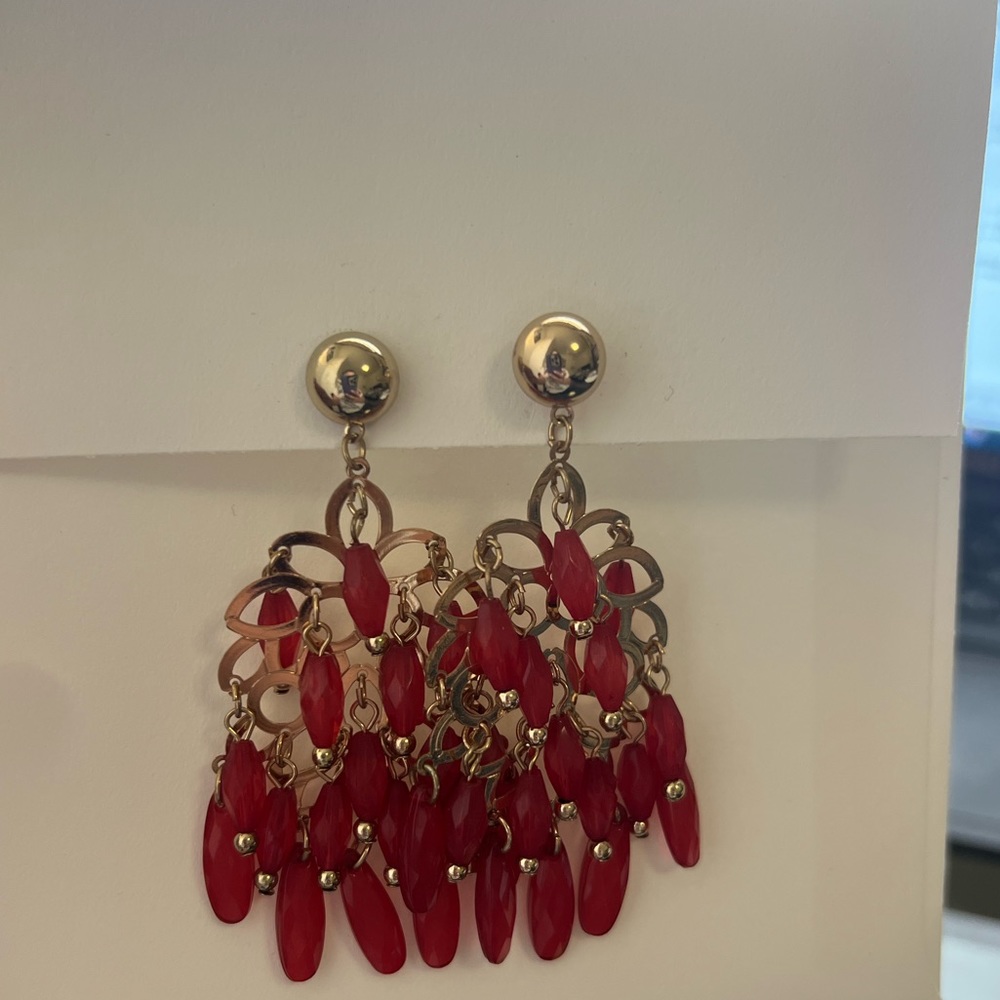 Gold & Ruby Colored Beaded Earrings
